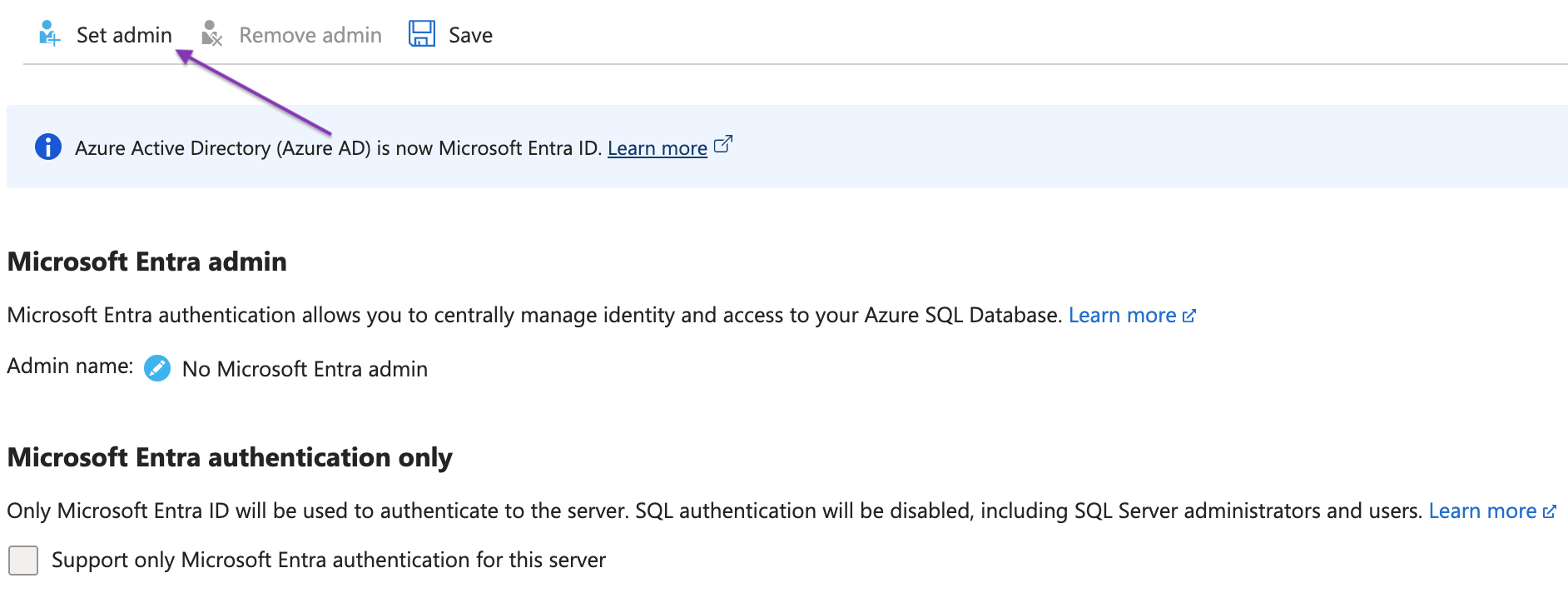 Azure SQL Server Microsoft Entra admin page