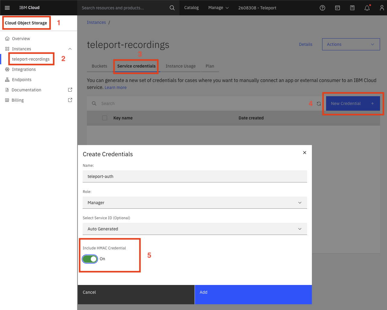 Cloud object storage credential creation screenshot