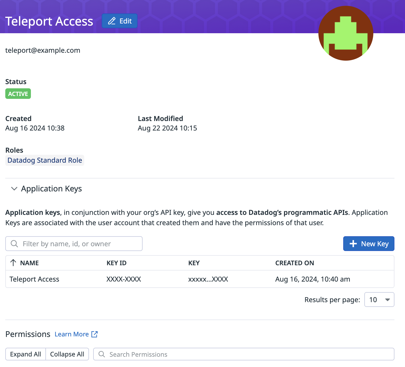 Datadog dashboard for Application Keys