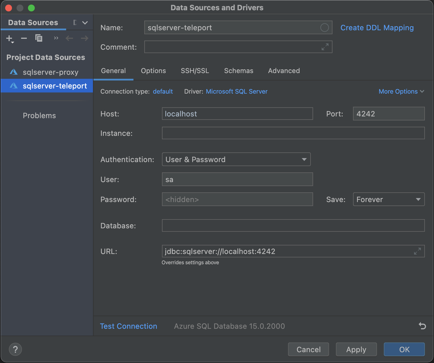 DataGrip connection options