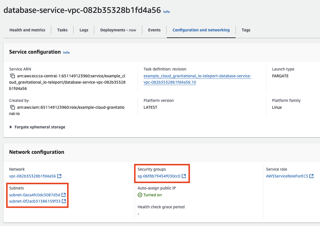 Screenshot of ECS network configuration