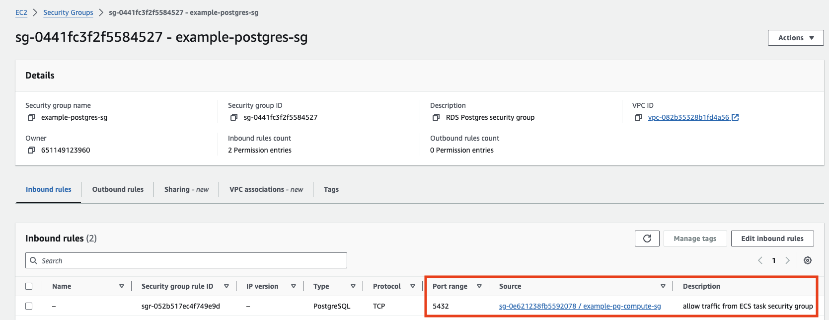 Screenshot of database security group inbound rule