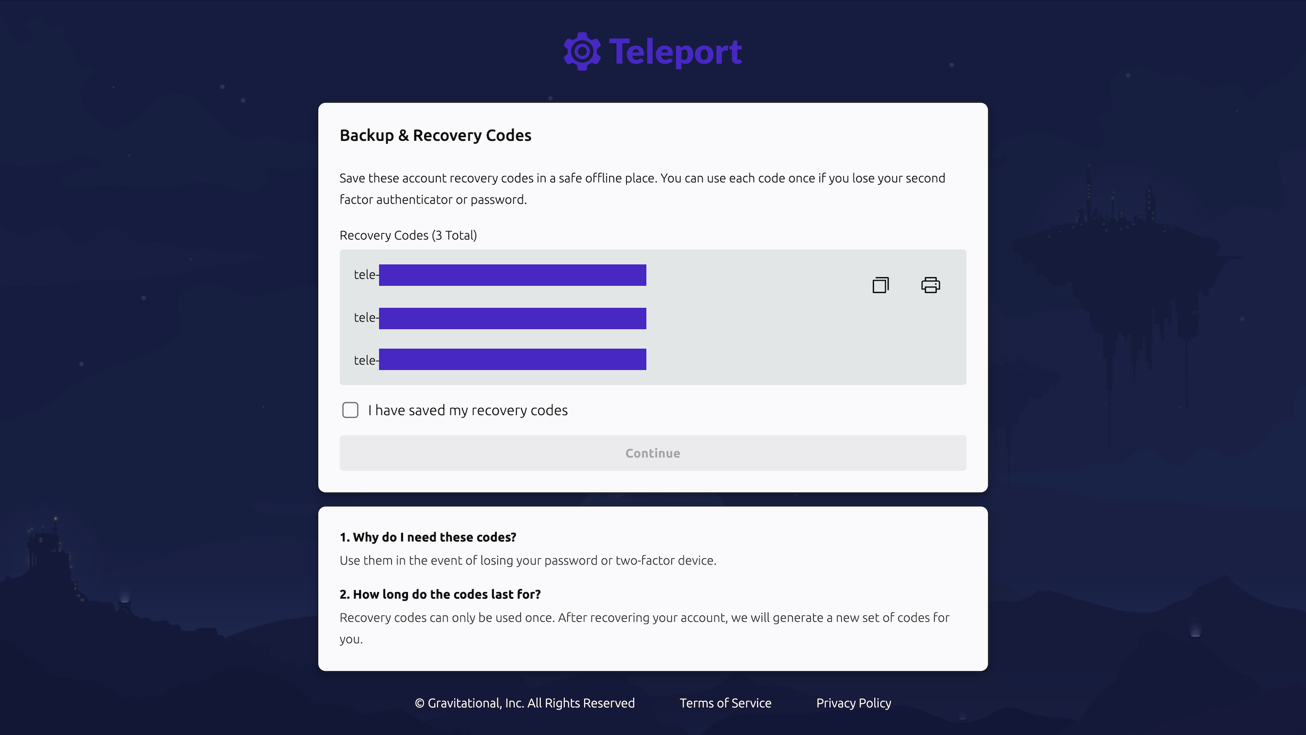 Web UI view showing Teleport recovery
codes